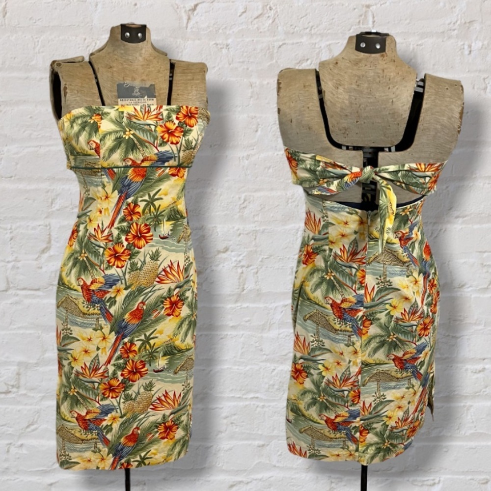 Y2K Love Life Sleeveless Tube Top Yellow Green Floral Tropical Mini Dress